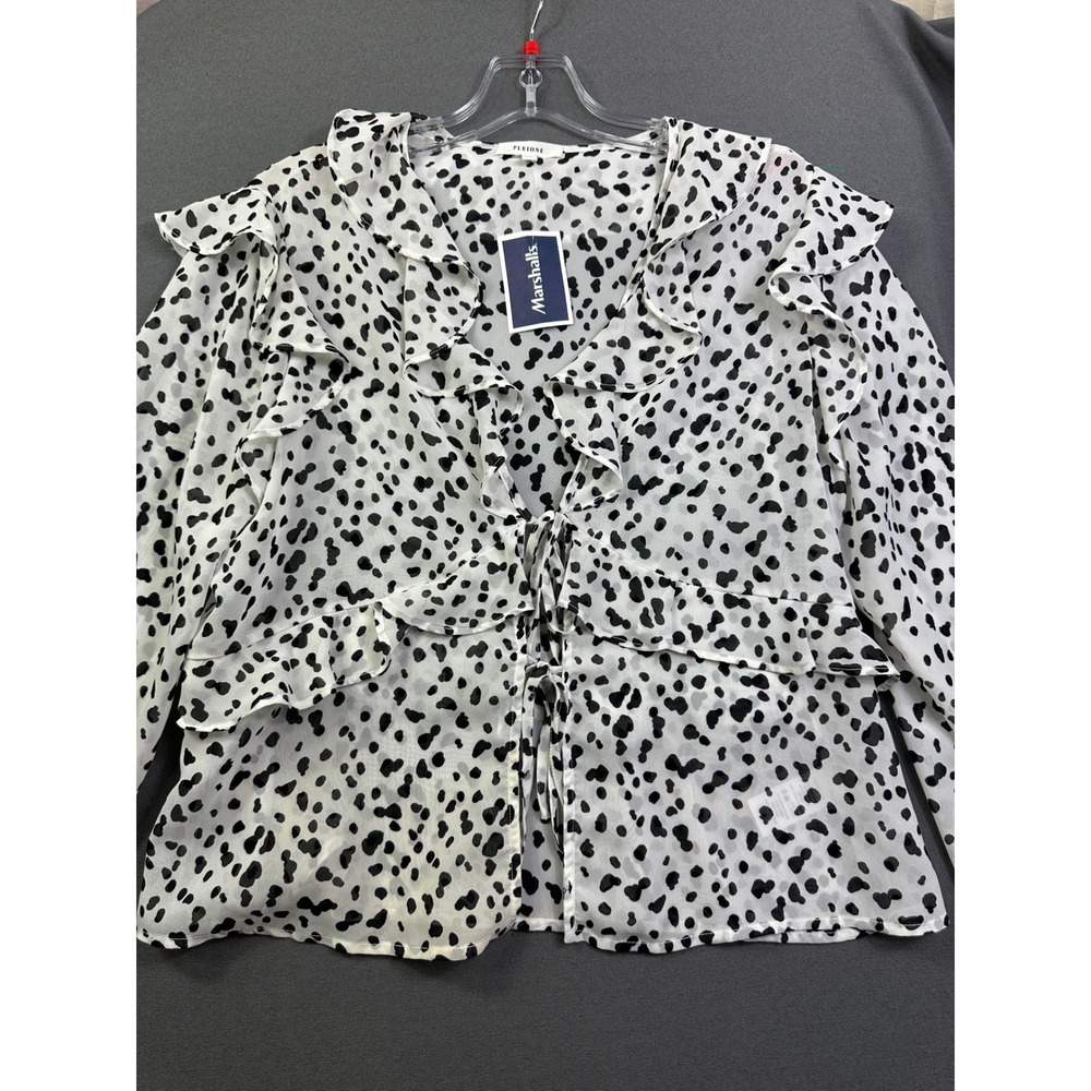 Pleione Women's Dalmatian Print Ruffle Tie Front Blouse Black White Size M NEW